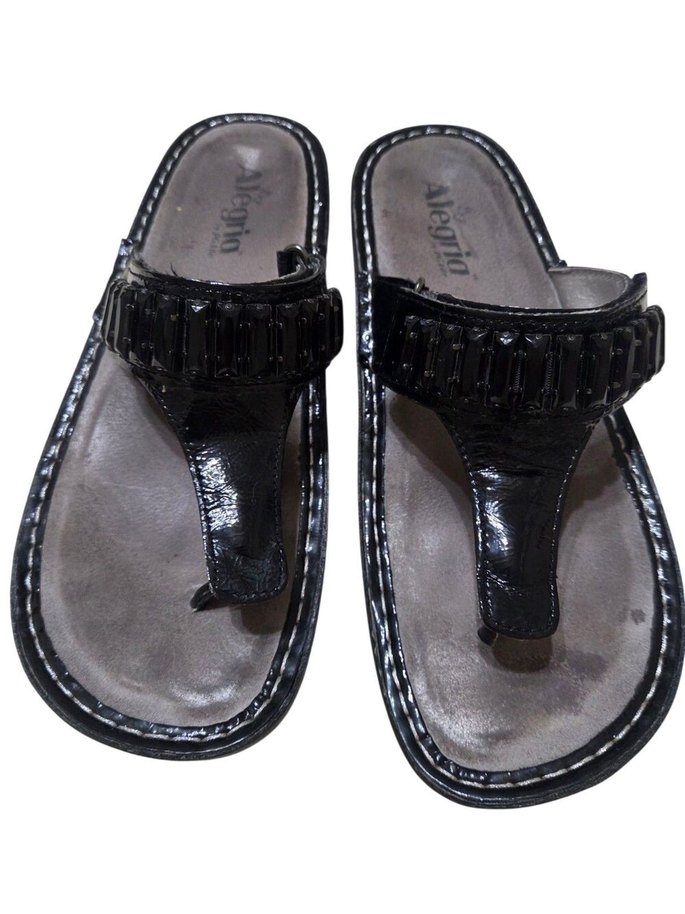 Alegria Carina Thong Sandals Size 40 Black Patent Leather Ruffle Look S1